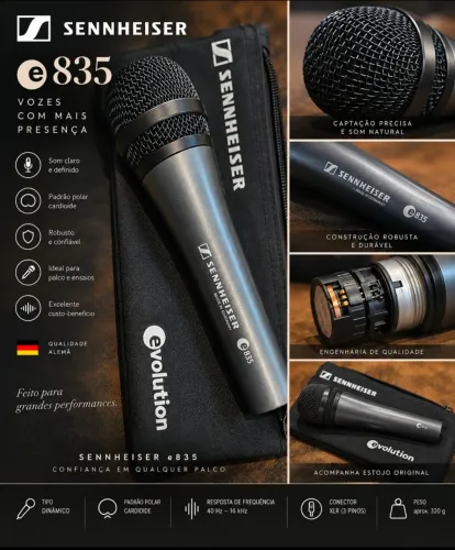 Microfone Sennheiser e835 - Made in Germany - Novo, sem uso