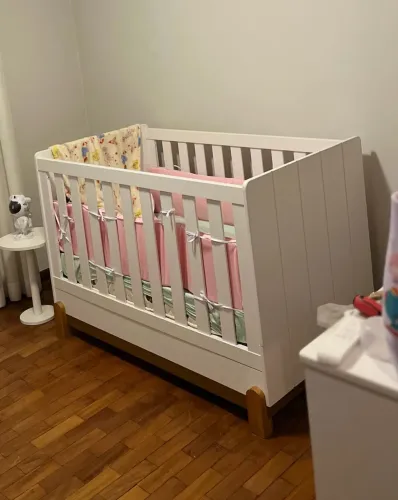 Berço Mini-Cama 2 em 1 Reller Lotus Branco com Colchão