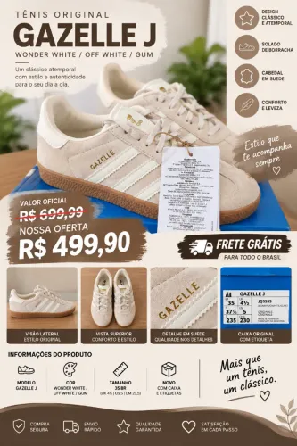 Tênis Adidas Originals Gazelle J 35 - Wonder White - Novo com Caixa