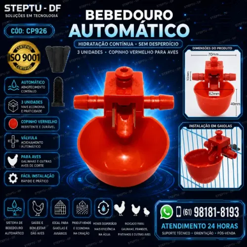 Bebedouro Automático (3 Unidades) Para Aves Copinho Vermelho COD-CP926
