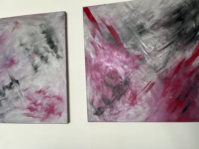 02 quadros painel pintura abstrata acrílica tons prata vermelho 