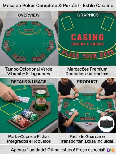 Tampo de Mesa Poker Octogonal Dobrável (Pouco Usado)