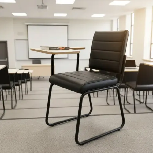 Poltrona Universitária Estofada Com Prancheta Fixa Corino Preto Reforçada 35121
