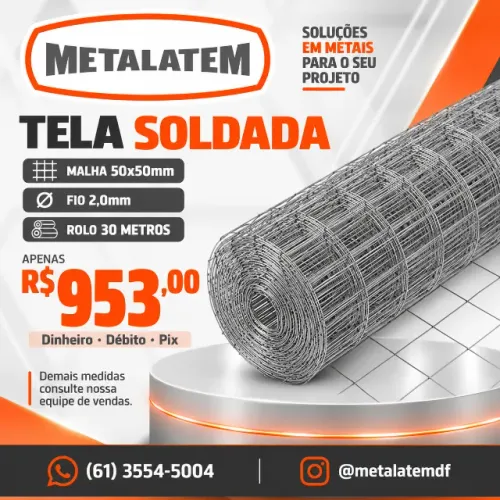 Tela Soldada 1,0m - Malha 50x50mm - Fio 2,0mm - Rolo 30 Metros