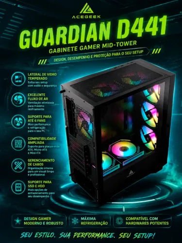 Gabinete Gamer Acegeek Guardian D441, Mid-Tower, Lateral de Vidro, Preto, (NOVO/LACRADO!)