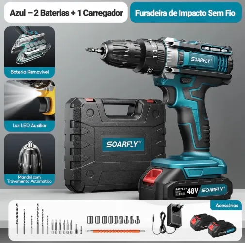 furadeira/parafusadeira Sem Fio 48V SOARFLY + 2 Baterias + Maleta Completa