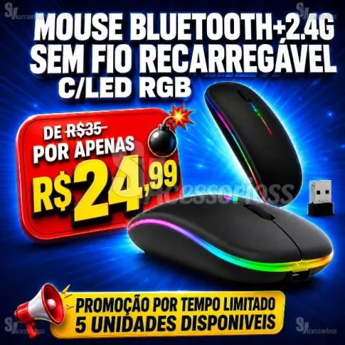 Mouse Bluetooth + 2.4G Sem Fio Recarregável com LED RGB