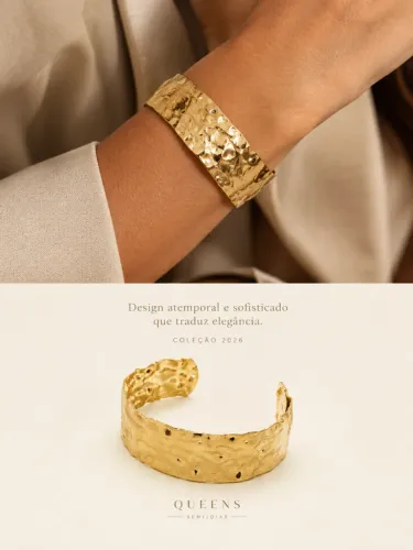 Bracelete Martelado Dourado Feminino - Semijoia Folheado | Queens Semijoias