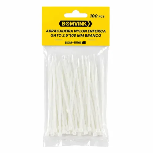Abraçadeira Nylon 2.5x100mm Bomvink 5501 Branca Kit 100 Peças Alta Resistência pode retira