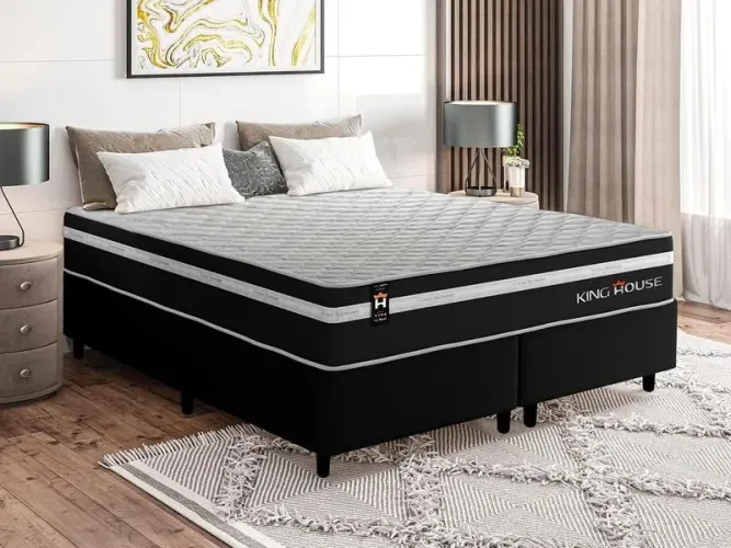  Cama Box King 193x203x60 Preto/Branco c/ Molas Ensacadas