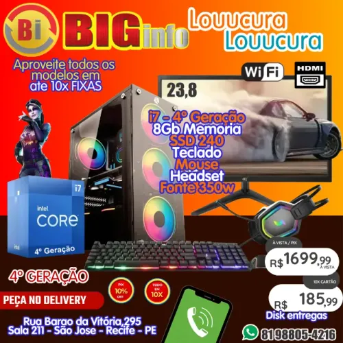 Computador Intel Core I7 4° + 8GB DDR3 + SSD 250GB + Monitor 24 + Kit + Wifi - Em ate10x