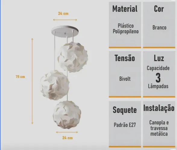 Só R$100,00 LUSTRE / PENDENTE DE 03 BOLAS 24cm Branco USADO