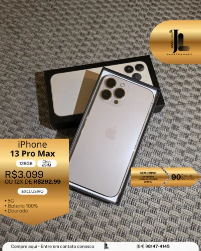 IPHONE 13 PRO MAX, 5G, 128GB, CHIP ESIM, DOURADO, BAT 100%, SEMINOVO, EXCLUSIVO!