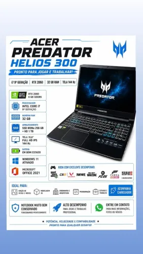 Notebook predator helios i7 9th 32 GB RAM SSD Nvme HD 1tb rtx2060