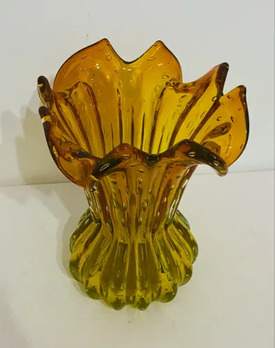Vaso Decorativo Cristal Estilo Murano Âmbar Canelado 25cm