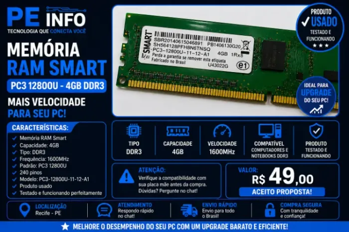 Memória RAM 4GB DDR3 1600MHz PC3 12800 Smart Testada