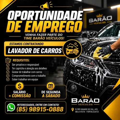 OPORTUNIDADE DE EMPREGO | LAVADOR DE CARROS
