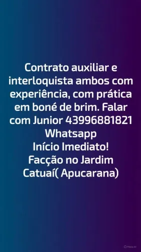 Vaga de Emprego para Interloquista e Auxiliar de Costura