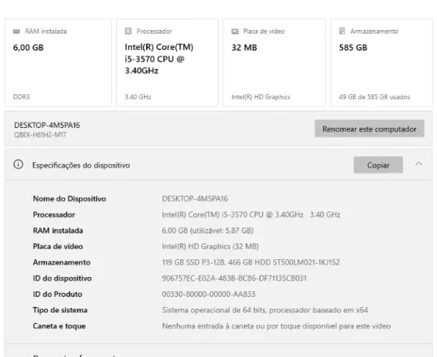 Desktop Intel Core i5 3470 / 6gb ram / SSD 120gb + HDD 500gb