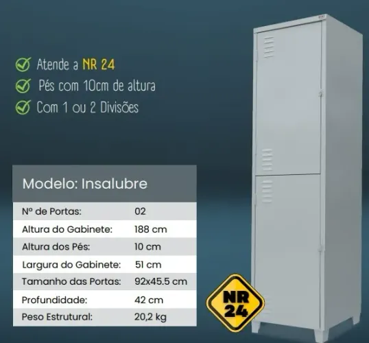 Armário de Aço 02 Portas - Insalubre - GRP2 INS -Roupeiro NR24