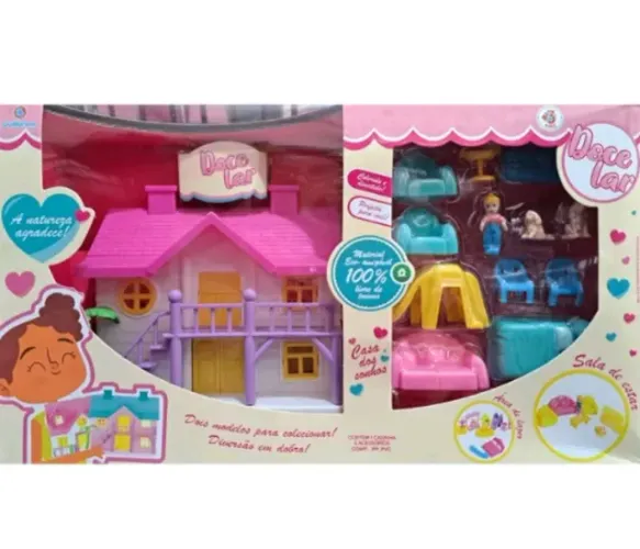 Casinha de boneca miniatura com móveis e pets 