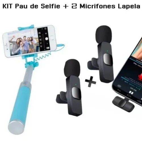 Kit 2UN Microfone Lapela S/Fio + Bastão Pau De Selfie (NOVO)