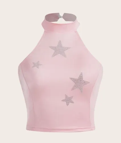 Blusa cropped pink com estrelas brilhantes