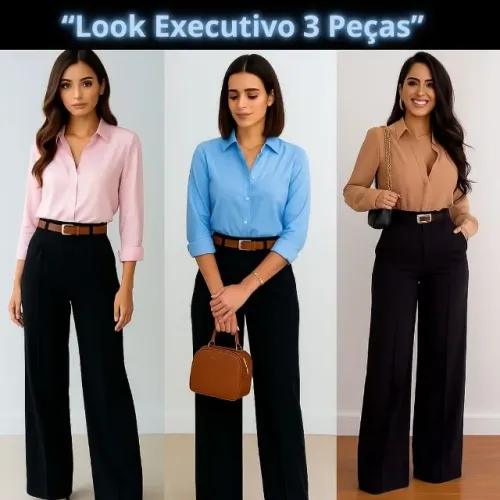 Moda Executiva Feminina 3 Peças | Calça Alfaiataria Nude + Camisa Branca + Cinto Elegante