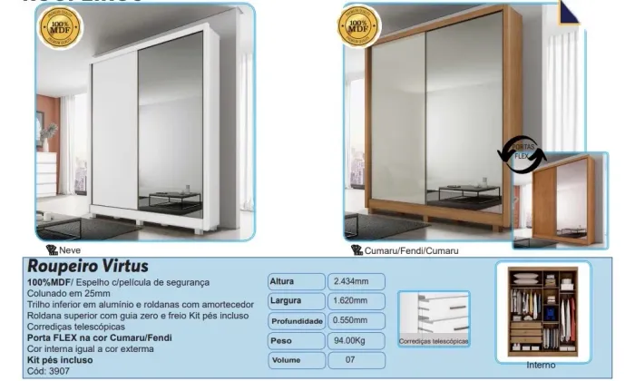 Guarda Roupa Virtus MDF com espelho 