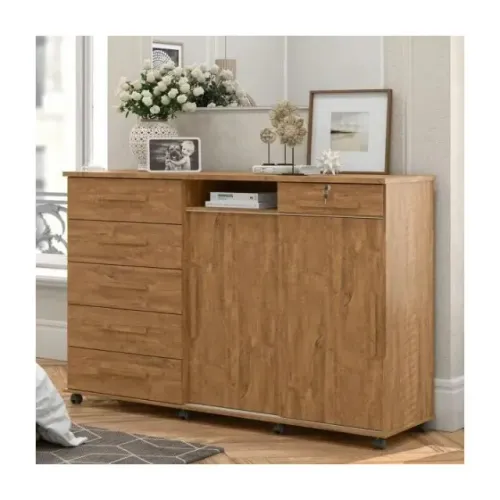 "Design Funcional: Cômoda Max com Espelho, 6 Gavetas e 2 Portas de Correr" - Em Promoção 