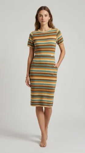 Vestido Midi de Tricot Listrado - Curto/Midi Elegante e Estilo Casual Tamanho M