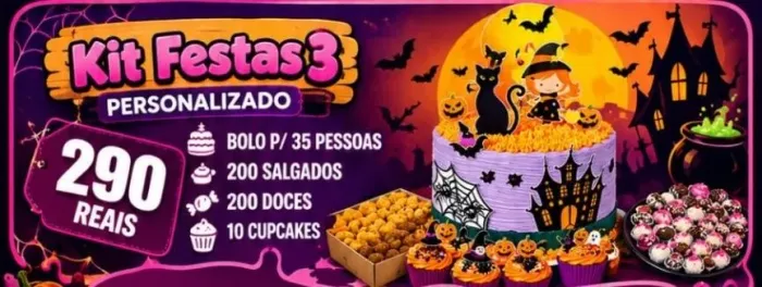 Kit Festa Halloween 3 - Bolo, Doces e Salgados