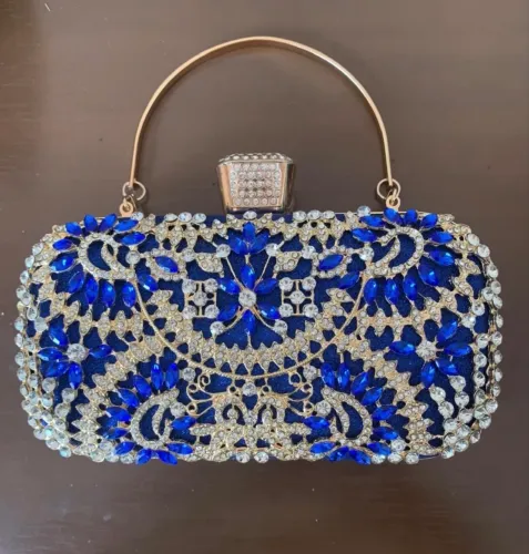 bolsa clutch pedras, azul e dourado