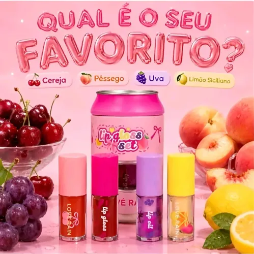 Kit Lip Gloss Soda Fruits Love Rain - Super Fofo e Completo! (Novo)