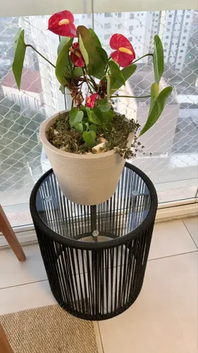 Mesa lateral de apoio com corda náutica preta + tampo de vidro