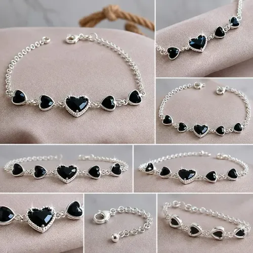 Pulseira Corações de Prata 925 Legítima com Zircônias Preta.