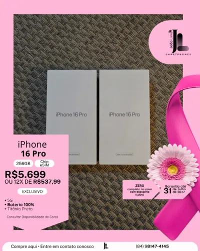 IPHONE 16 PRO, 5G, 256GB, CHIP ESIM, ZERO, NA CAIXA, GARANTIA APPLE, EXCLUSIVO!