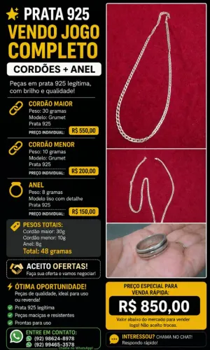 Jogo completo em Prata 925 - Cordões + Anel - 48g