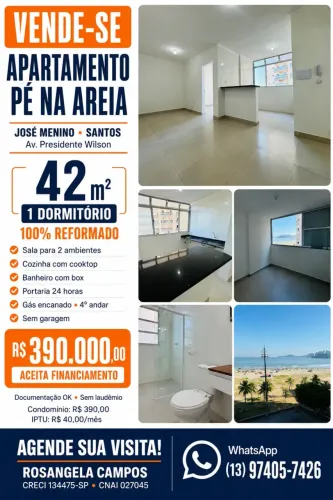 Apartamento à venda no José Menino, Santos  1 dormitório, 42 m², reformado e com vista par