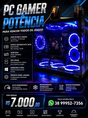 Pc Gamer Ryzer 5 5600 16gb ram DDR4 Nvme 256gb Rom 1tb placa de vídeo RTX 3070 super 8gb