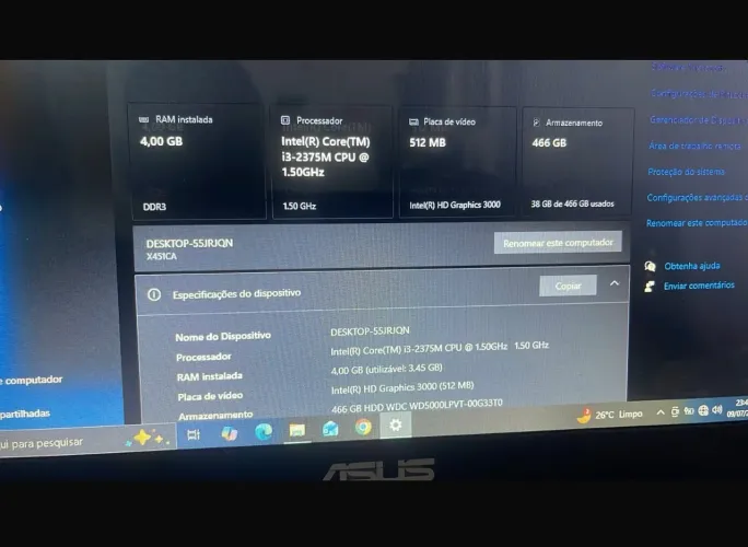 Notebook Asus i3 de segunda geração