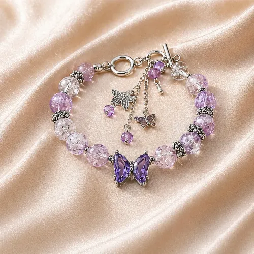 Pulseira Feminina Cristal Rosa Lilás Borboleta Luxo Presente