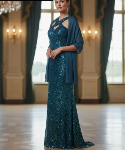Vestido longo paetê verde petróleo 