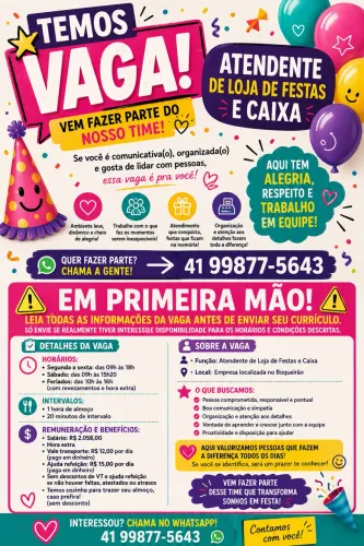 Vaga de caixa e atendente de loja de festas 