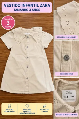 Vestido Infantil Zara Bege com Gola Bordada - 3 Anos