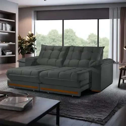 Sofá Retrátil Barcelona Veludo Cinza Escuro de 4 Lugares 2m20 