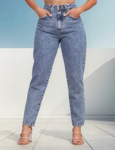 Calça Mom Jeans Feminina Cintura Alta Marmorizada