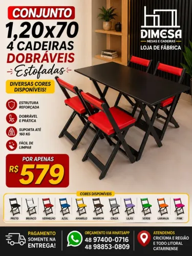 Jogo mesa 1,20x70 com 4 cadeiras dobráveis estofadas