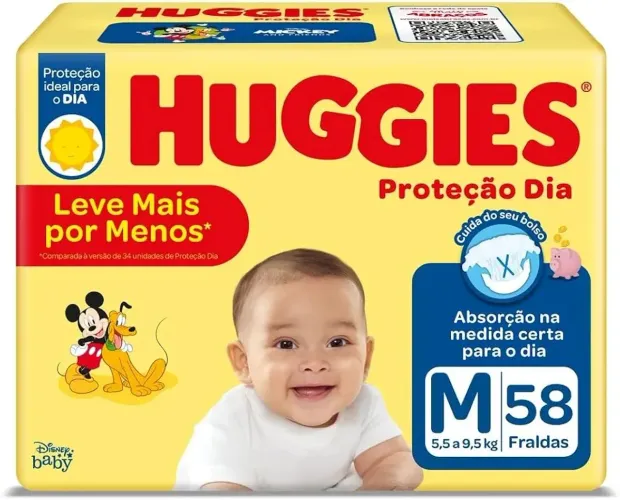 Fralda Huggies Proteção Dia M 58 unidades.