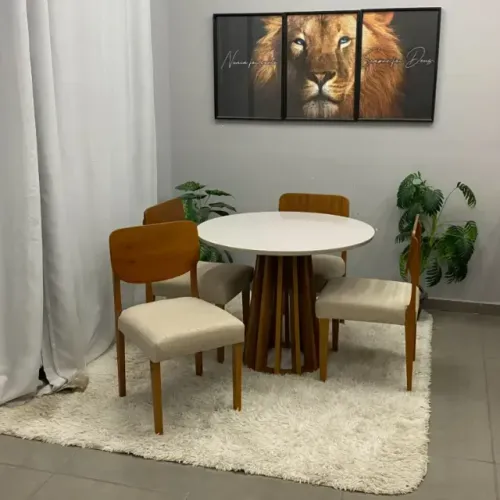 Mesa de Jantar Berlim 100cm Redonda com Vidro e 4 Cadeiras Barcelona em Linho Madeira Cel
